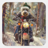 Bernedoodle Hond Rijden Motorfiets Kerstmis Vierkante Sticker (Voorkant)
