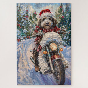Bernedoodle-hond rijdt op een motorfiets met Kerst Legpuzzel