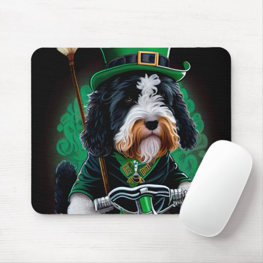 Bernedoodle-hond rijdt op fiets St. Patrick's Day Muismat (Met muis)