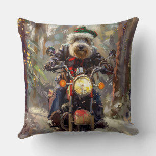 Bernedoodle-hond rijdt op motorfiets met Kerstmis Kussen