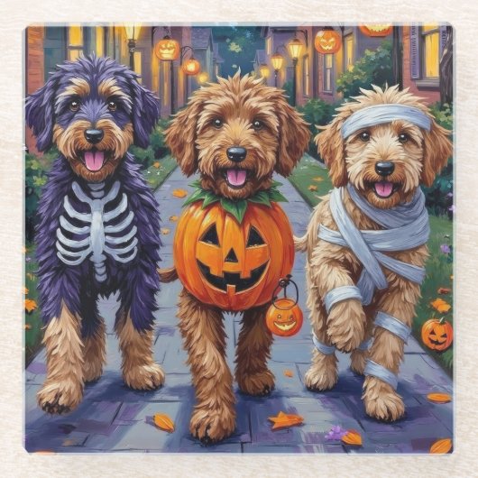 Bernedoodle Honden Trick-or-Treating in Halloween Glazen Onderzetter (Voorkant)