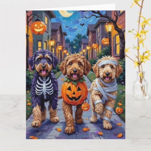 Bernedoodle Honden Trick-or-Treating in Halloween  Kaart (Gele Bloem)