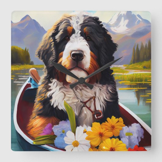 Bernedoodle in een peddelboot: een landschappelijk vierkante klok (Voorkant)