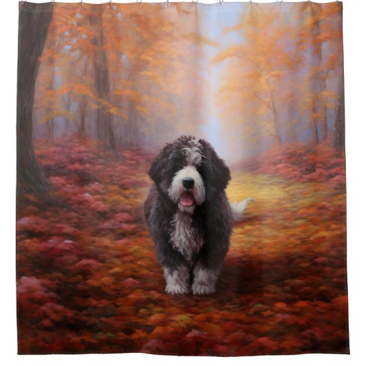 Bernedoodle in Herfstbladeren Herfst Inspire Douchegordijn (Voorkant)