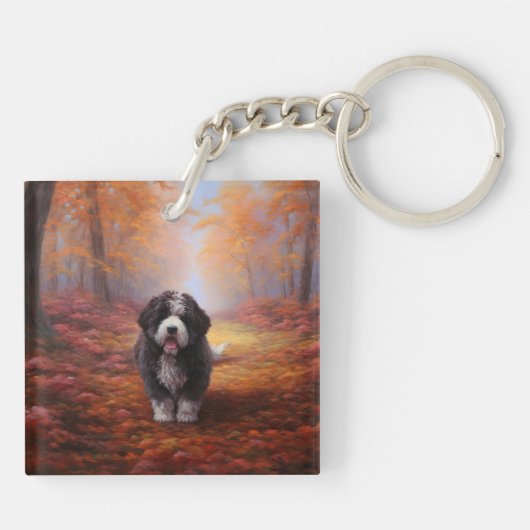 Bernedoodle in Herfstbladeren Herfst Inspire Sleutelhanger (Achterkant)