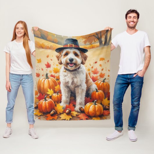 Bernedoodle in herfstbladeren Thanksgiving Kunst Fleece Deken (In situ)