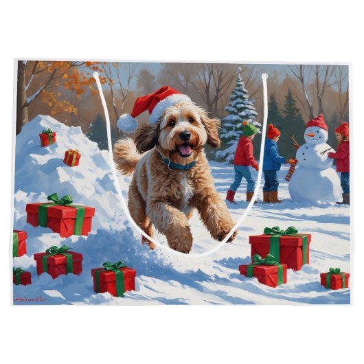 Bernedoodle Kerst Feestelijke Sneeuwscène Groot Cadeauzakje (Achterkant)