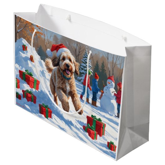 Bernedoodle Kerst Feestelijke Sneeuwscène Groot Cadeauzakje (Achterkant Gekanteld)