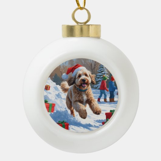 Bernedoodle Kerst Feestelijke Sneeuwscène Keramische Bal Ornament (Voorkant)