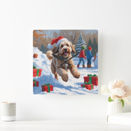 Bernedoodle Kerst Feestelijke Sneeuwscène Vierkante Klok (Huis)