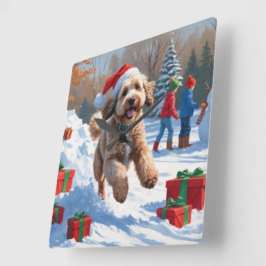 Bernedoodle Kerst Feestelijke Sneeuwscène Vierkante Klok (Hoek)