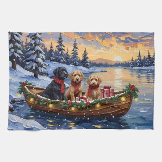 Bernedoodle Kerstboot Vakantie Theedoek (Horizontaal)