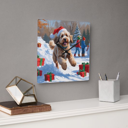 Bernedoodle Kerstfeest Sneeuwlandschap Vierkante Klok (Kantoor)