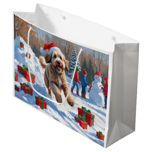 Bernedoodle Kerstfeest Sneeuwscène Groot Cadeauzakje (Voorkant Gekanteld)