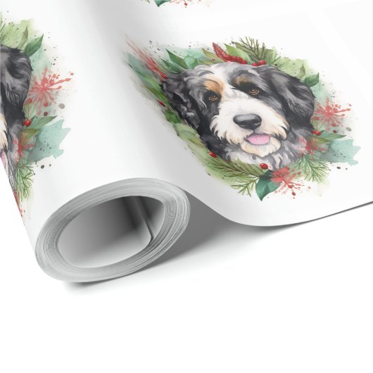 Bernedoodle Kerstkrans Feestelijke Pup Cadeaupapier (Rol Hoek)