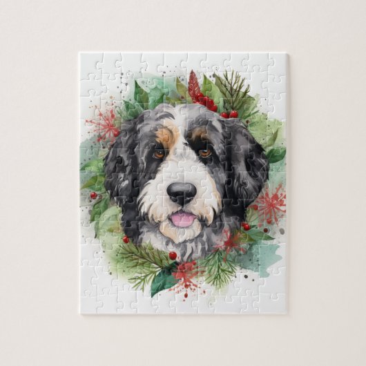 Bernedoodle Kerstkrans Feestelijke Pup Legpuzzel (Verticaal)