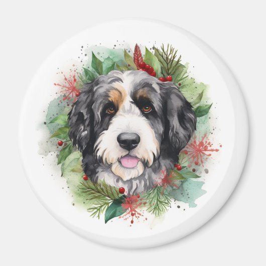 Bernedoodle Kerstkrans Feestelijke Pup Magneet (Voorkant)