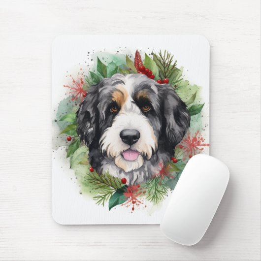 Bernedoodle Kerstkrans Feestelijke Pup Muismat (Met muis)