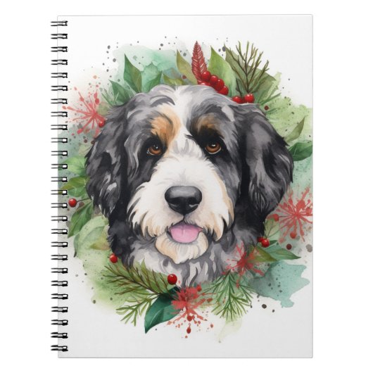 Bernedoodle Kerstkrans Feestelijke Pup Notitieboek (Voorkant)