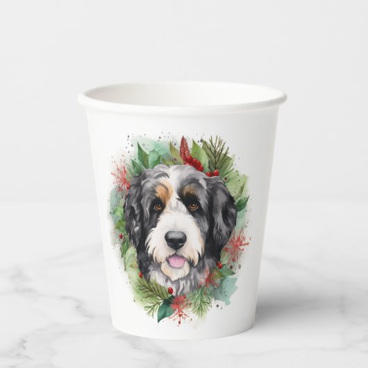 Bernedoodle Kerstkrans Feestelijke Pup Papieren Bekers (Voorkant)
