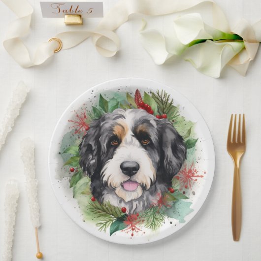 Bernedoodle Kerstkrans Feestelijke Pup Papieren Bordje (Huwelijk)