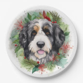 Bernedoodle Kerstkrans Feestelijke Pup Papieren Bordje (Voorkant)