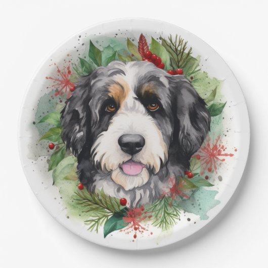 Bernedoodle Kerstkrans Feestelijke Pup Papieren Bordje (Voorkant)