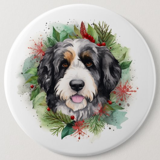 Bernedoodle Kerstkrans Feestelijke Pup Ronde Button 6,0 Cm (Voorkant)