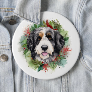 Bernedoodle Kerstkrans Feestelijke Pup Ronde Button 6,0 Cm