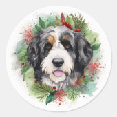 Bernedoodle Kerstkrans Feestelijke Pup Ronde Sticker (Voorkant)