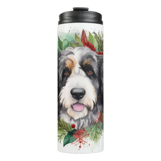 Bernedoodle Kerstkrans Feestelijke Pup Thermosbeker (Voorkant)