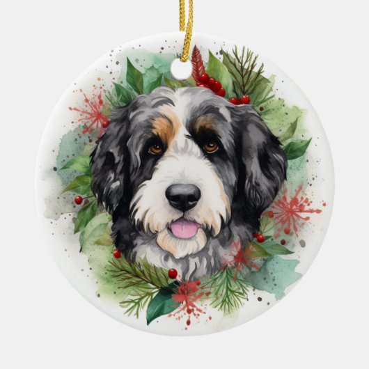 Bernedoodle Kerstkrans Festieve Pup Keramisch Ornament (Voorkant)