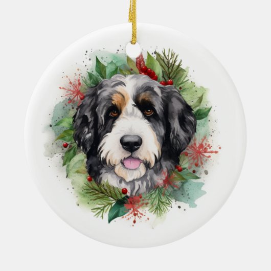 Bernedoodle Kerstkrans Festieve Pup Keramisch Ornament (Achterkant)