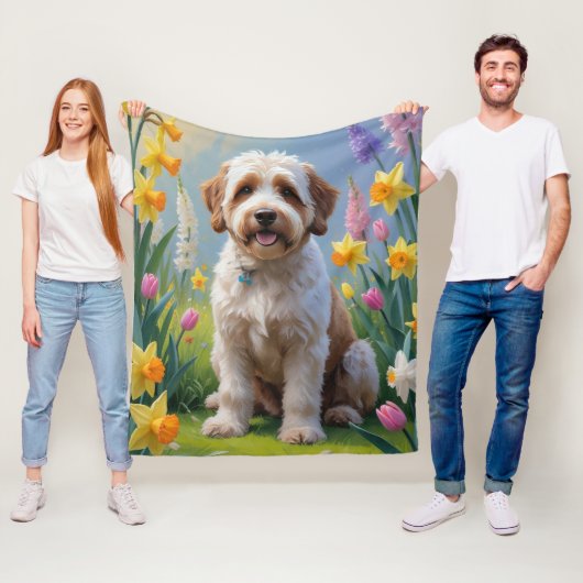 Bernedoodle Lente Bloemen Schilderij Fleece Deken (In situ)