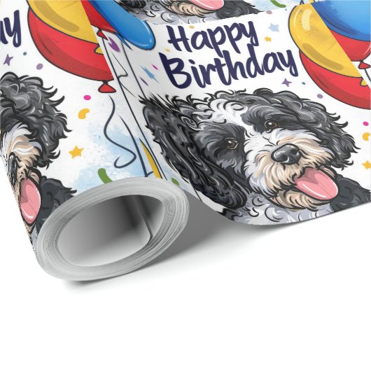 Bernedoodle met ballonnen cadeaupapier (Rol Hoek)