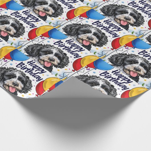 Bernedoodle met ballonnen cadeaupapier (Hoek)