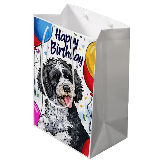 Bernedoodle met ballonnen medium cadeauzakje (Achterkant Gekanteld)