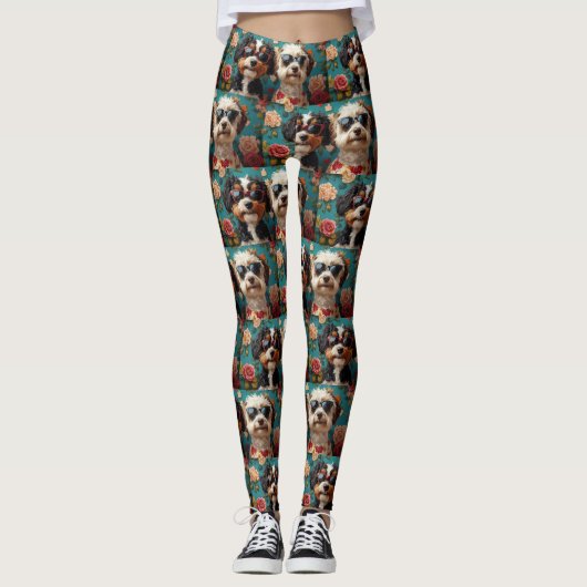 Bernedoodle met hartrozen Valentijnsdag  Leggings (Voorkant)