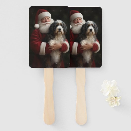 Bernedoodle met Kerstman Feestelijke Kerstmis Handwaaier (Voorkant en achterkant)
