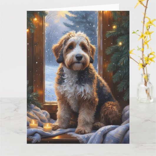 Bernedoodle met kerstverlichting Vakantie Kaart (Gele Bloem)