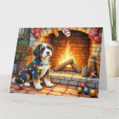 Bernedoodle Open haard met Kerstverlichting Kaart (Voorkant)