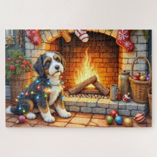Bernedoodle Open Haard met Kerstverlichting Legpuzzel (Horizontaal)