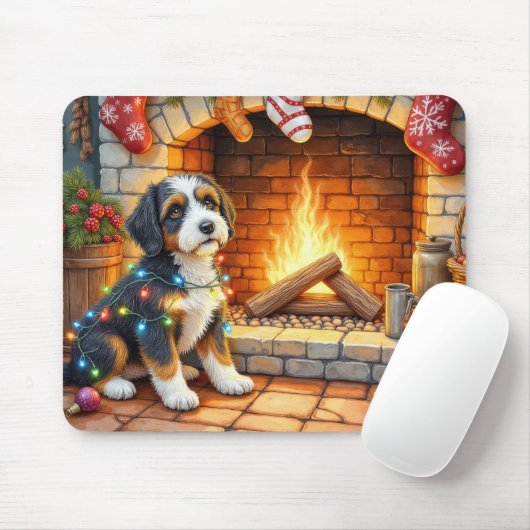 Bernedoodle Open Haard met Kerstverlichting Muismat (Met muis)