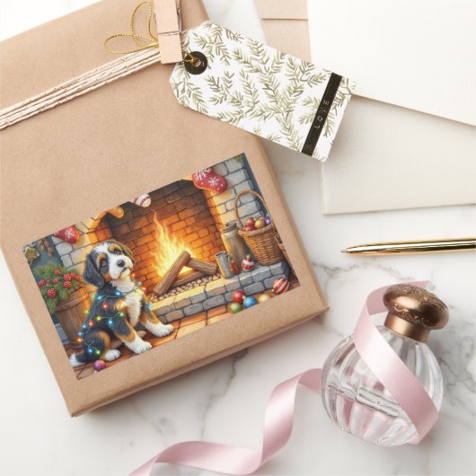 Bernedoodle Open Haard met Kerstverlichting Rechthoekige Sticker (Geschenken)