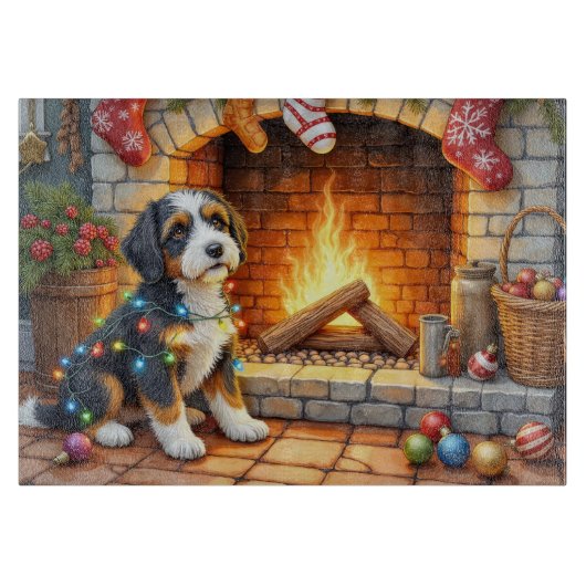 Bernedoodle Open Haard met Kerstverlichting Snijplank (Voorkant)