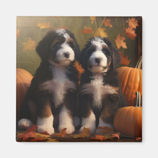 Bernedoodle Pup Autumn Delight Pompoen Magneet (Voorkant)