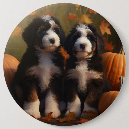 Bernedoodle Pup Autumn Delight Pompoen Ronde Button 6,0 Cm (Voorkant)