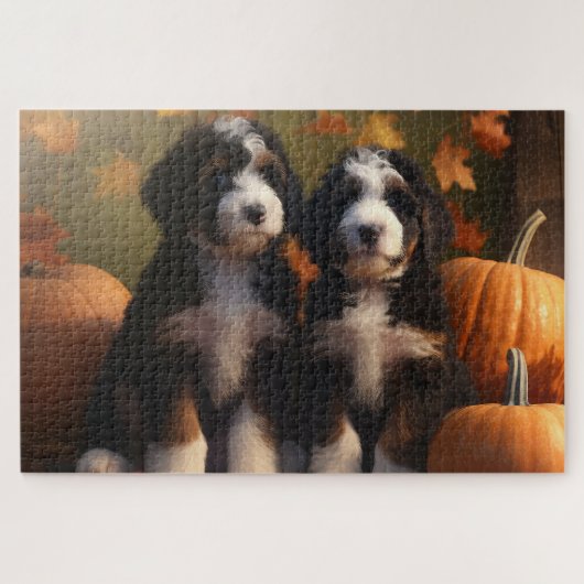 Bernedoodle Puppy Herfst Plezier Pompoen Legpuzzel (Horizontaal)