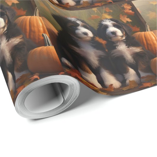 Bernedoodle Puppy Herfst Verrukking Pompoen Cadeaupapier (Rol Hoek)