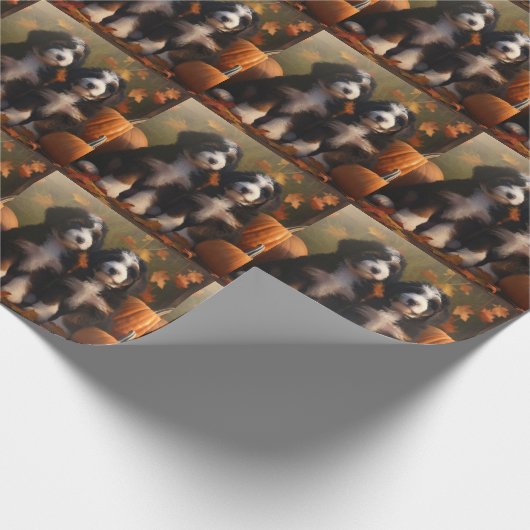 Bernedoodle Puppy Herfst Verrukking Pompoen Cadeaupapier (Hoek)